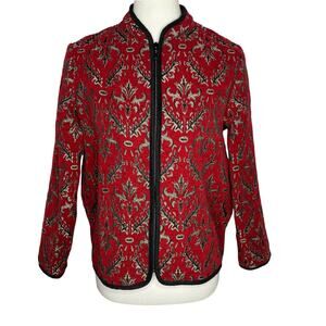 Vintage Tapestry Jacket Red Metallic Zip Up Cardigan Medium Petite Granny